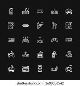 Editable 25 keypad icons for web and mobile. Set of keypad included icons line Gamepad, Game, Arcade game, Keyboard, Controller, Joystick, Console, Nintendo on black background