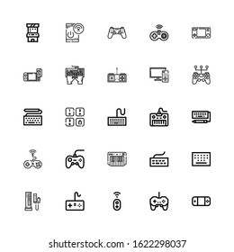 Editable 25 keypad icons for web and mobile. Set of keypad included icons line Gamepad, Controller, Console, Keypad, Keyboard, Game, Remote control, Arcade game on white background