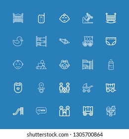Editable 25 kid icons for web and mobile. Set of kid included icons line Family, Carriage, Mom, Toboggan, Stroller, Pacifier, Bib, Feeding bottle, Bunk bed on blue background