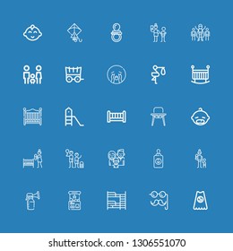 Editable 25 kid icons for web and mobile. Set of kid included icons line Superhero, Costume, Bunk bed, Claw machine, Breast pump, Mother, Baby feeder, Family on blue background