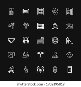 Editable 25 kid icons for web and mobile. Set of kid included icons line Inflatable, Baby, Family, Mother, Baby carriage, Baby boy, Blocks, Rattle, Birth, Diaper on black background