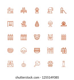 Editable 25 kids icons for web and mobile. Set of kids included icons line Crayon, Clown, Caramelized apple, Swing, Birthday invitation, Oxigen, Amusement park on white background