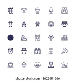 Editable 25 kids icons for web and mobile. Set of kids included icons line Kindergarten, Monster, Clown, Birthday girl, Swing, Caramelized apple, Crayon, Pottery on white background