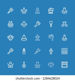 Editable 25 kitchenware icons for web and mobile. Set of kitchenware included icons line Oven, Hot pot, Apron, Pan, Mixer, Pot, Spatula, Cooker, Waffle iron on blue background