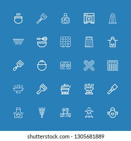 Editable 25 kitchenware icons for web and mobile. Set of kitchenware included icons line Apron, Cooker, Waffle iron, Whisk, Spatula, Oven, Pot, Bottle opener on blue background