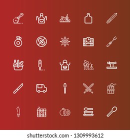 Editable 25 knife icons for web and mobile. Set of knife included icons line Spoon, Soup, Grenade, Dinamite, Sabre, Dynamite, Swords, Food truck, Knife, Katana, Camping on red