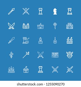 Editable 25 knight icons for web and mobile. Set of knight included icons line Sword, Swords, Chess, Castle, Viking, Fortress, Roman helmet, Knight, Rook, Mace on blue background