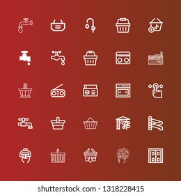 Editable 25 knob icons for web and mobile. Set of knob included icons line Double door, Tap, Shopping basket, Handle, Slider, Basket, Radio, Water tap, Faucet on red