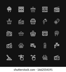 Editable 25 knob icons for web and mobile. Set of knob included icons line Radio, Shopping basket, Tap, Control, Door hanger, Basket, Water tap, Control panel on black background