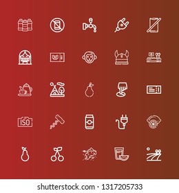 Editable 25 label icons for web and mobile. Set of label included icons line Field, Tea, Iceberg, Cherry, Pear, Lemon, Plug, Can, Corkscrew, Iso, Ticket, Position, Tipi on red