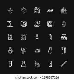 Editable 25 laboratory icons for web and mobile. Set of laboratory included icons line Pipette, Prothesis, Vaccine, Flask, Test tube, Test tubes, Prism, Scientist on black background