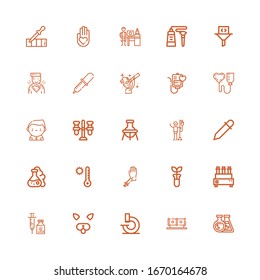 Editable 25 iconos de laboratorio para web y móvil. Conjunto de laboratorios incluye íconos línea Flask, Tube, Microscope, Filter, Vaccine, Tubo de prueba, donación de sangre sobre fondo blanco