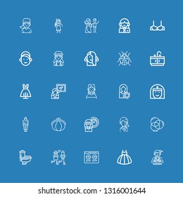 Editable 25 lady icons for web and mobile. Set of lady included icons line Woman, Dress, Profile, Couple, Toilet, Ponytail, Girl, Purse, Nun, Boy, Bathroom on blue background