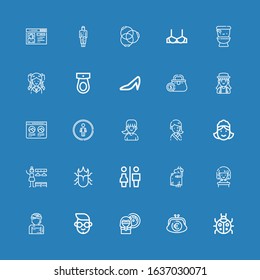Editable 25 lady icons for web and mobile. Set of lady included icons line Ladybug, Purse, Woman, Boy, Pregnant, Restrooms, Beetle, Changing room, Maid, Girl on blue background