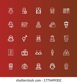 Editable 25 lady icons for web and mobile. Set of lady included icons line Woman, Girl, Zookeeper, Purse, Wc, Handbag, Dress, Brassiere, Bathroom, Toilet, Genders, Maid on red