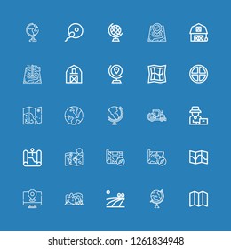 Editable 25 land icons for web and mobile. Set of land included icons line Map, Globe, Field, Hill, Farmer, Tractor, Terra, Barn, Earth globe, Fertilization on blue background