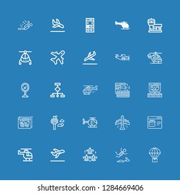 Editable 25 landing icons for web and mobile. Set of landing included icons line Parachute, Skydiving, Aircraft, Take off, Helicopter, Web page, Aeroplane, Control tower on blue background