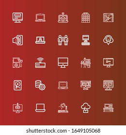 Editable 25 laptop icons for web and mobile. Set of laptop included icons line Desk, Computer, Study, Laptop, Hacker, Monitor, Server, Hard drive, Programmer, Modem, Ipod on red