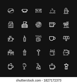 Editable 25 Latte Icons For Web And Mobile. Set Of Latte Included Icons Line Coffee Maker, Coffee, Cappuccino, Cup, Espresso, Ice Coffee, Candle Making, Cups On Black Background