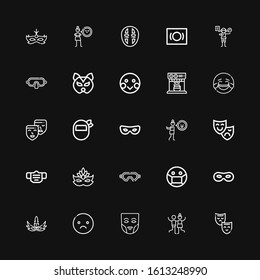 Editable 25 laugh icons for web and mobile. Set of laugh included icons line Mask, Joy, Sad, Theatre mask, Disgusted, Masks, Laughing, Expresso, Shy, Acting on black background
