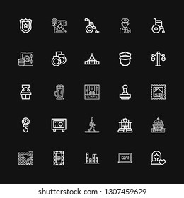 Editable 25 law icons for web and mobile. Set of law included icons line Women rights, GDPR, Equalizer, Stamp, Capitol, Police, Walking, Safebox, Scale, Prisoner on black background