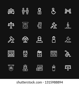Editable 25 law icons for web and mobile. Set of law included icons line Penalty, Frappe, Safebox, Police, Standard, Wheelchair, Equalizer, Cigarette, Stun gun on black background