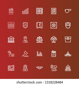 Editable 25 law icons for web and mobile. Set of law included icons line Capitol, Law, Balance, Police, Stamp, Cigarette, Equalizer, Human rights, Scale, Justice, Policeman on red