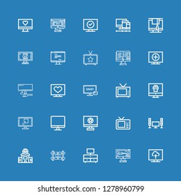 Editable 25 lcd icons for web and mobile. Set of lcd included icons line Television, Monitor, Wall bracket, Screen, Smart tv, Screens on blue background
