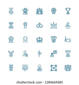 Editable 25 leader icons for web and mobile. Set of leader included icons line Meeting, Group, Trophy, Team, Medal, Friend, Manager, Businessman, Speaker, Crown on white background