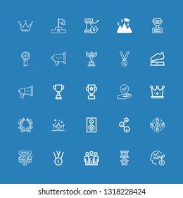 Editable 25 leader icons for web and mobile. Set of leader included icons line Employee, Medal, Team, Friends, Speaker, Crown, Laurel, Success, Trophy, Medals on blue background