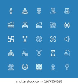 Editable 25 leader icons for web and mobile. Set of leader included icons line Medal, Success, Speaker, Laurel, Management, Rook, Medals, Employee, Meeting on blue background