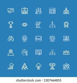Editable 25 leadership icons for web and mobile. Set of leadership included icons line Winning, Trophy, Goal, Teamwork, Group, Structure, Merit, Employee, Whiteboard on blue background