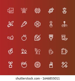 Editable 25 leaf icons for web and mobile. Set of leaf included icons line Chewing gum, Plant, Orange, Coconut, Tea, Reforestation, Park, Blueberry, Flowers, Monstera leaf on red