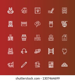 Editable 25 learn icons for web and mobile. Set of learn included icons line Manual, Bookcase, Lesson, Pencil, Backpack, Learning, Abacus, Bookshelf, Exam, Abc, Ereader on red