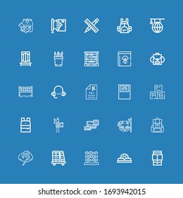 Editable 25 learn icons for web and mobile. Set of learn included icons line Ereader, Manual, Abacus, Bookshelf, Retro cognition, Backpack, Writing, Abc, Workbook on blue background