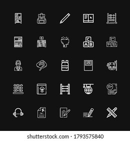 Bearbeitbar 25 Lernsymbole für Web und Mobile. Lernsatz inklusive Symbole Zeile Stift, Schreiben, Schreiben, Examen, Lektion, Lernen, Abacus, Leitfaden, Rucksack, Workbook auf schwarzem Hintergrund