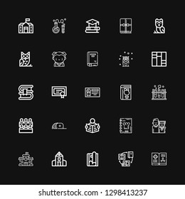 Editable 25 learning icons for web and mobile. Set of learning included icons line Book, Books, Magazine, School, Graduation, Recipe book, Read, Cap, Classroom on black background