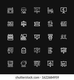 Editable 25 lecture icons for web and mobile. Set of lecture included icons line Presentation, Teacher, Class, Training, Conference, Classroom, Lesson, Demonstration on black background