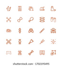 Editable 25 leg icons for web and mobile. Set of leg included icons line Stretching, Orthopedic, Bone, Tarantula, Step, Body, Crutch, Wooden leg, Pedal, Drumsticks on white background