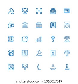 Editable 25 legal icons for web and mobile. Set of legal included icons line Stamp, Cover, Guilt, Equality, Justice, Passport, Law, Prisoner, Oath, Scale, Equalizer on white background
