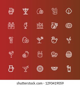 Editable 25 lemon icons for web and mobile. Set of lemon included icons line Lemonade, Lemon, Kiwi, Martini, Fruit, Vegetables, Cocktail, Coconut drink, Alcoholic drink on red