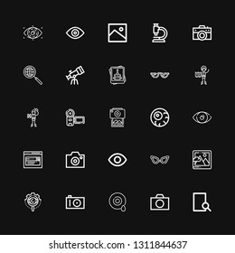 Editable 25 lens icons for web and mobile. Set of lens included icons line Search, Camera, Eye, Photo camera, View, Image, Glasses, Eyeball, Photography, Explorer on black background