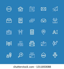 Editable 25 letter icons for web and mobile. Set of letter included icons line Email, H o, Message, Writing tool, Symbol, Abc, d, Typography, Navigation, Wedding on blue background