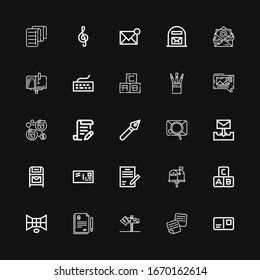 Editable 25 letter icons for web and mobile. Set of letter included icons line Postcard, Notes, Post, Contract, d, Abc, Email, Envelope, Postbox, Pen, Contact on black background