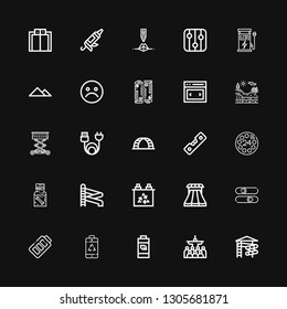 Editable 25 level icons for web and mobile. Set of level included icons line Slider, Mass, Battery, Sliders, Dippel oil, Dial, Level, Ladder, Charge, Lift on black background