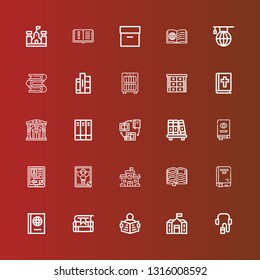 Editable 25 library icons for web and mobile. Set of library included icons line Audio guide, School, Read, Books, Book, Magazine, Ebook, Bookshelf, Museum, Bible, Cabinet on red