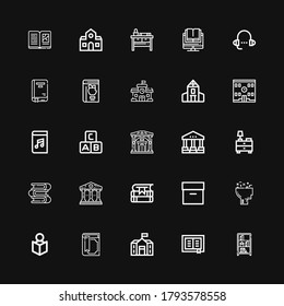 Editable 25 library icons for web and mobile. Set of library included icons line Bookcase, Book, School, Magic book, Read, Learning, Archive, Books, Courthouse on black background