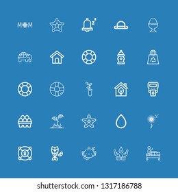 Editable 25 life icons for web and mobile. Set of life included icons line Gurney, Blood donation, Fish, Lifesaver, Dandelion, Blood drop, Starfish, Plant, Eggs on blue background