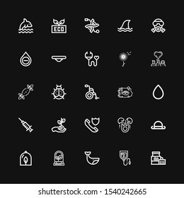 Editable 25 life icons for web and mobile. Set of life included icons line Plant, Blood bag, Whale, Bowler, Egg, Insurance, Blood, Blood drop, Fish, Wheelchair on black background