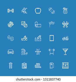 Editable 25 lifestyle icons for web and mobile. Set of lifestyle included icons line Mixer, Relax, Measuring tape, Gym file, Treadmill, Cocktail, Bench press on blue background